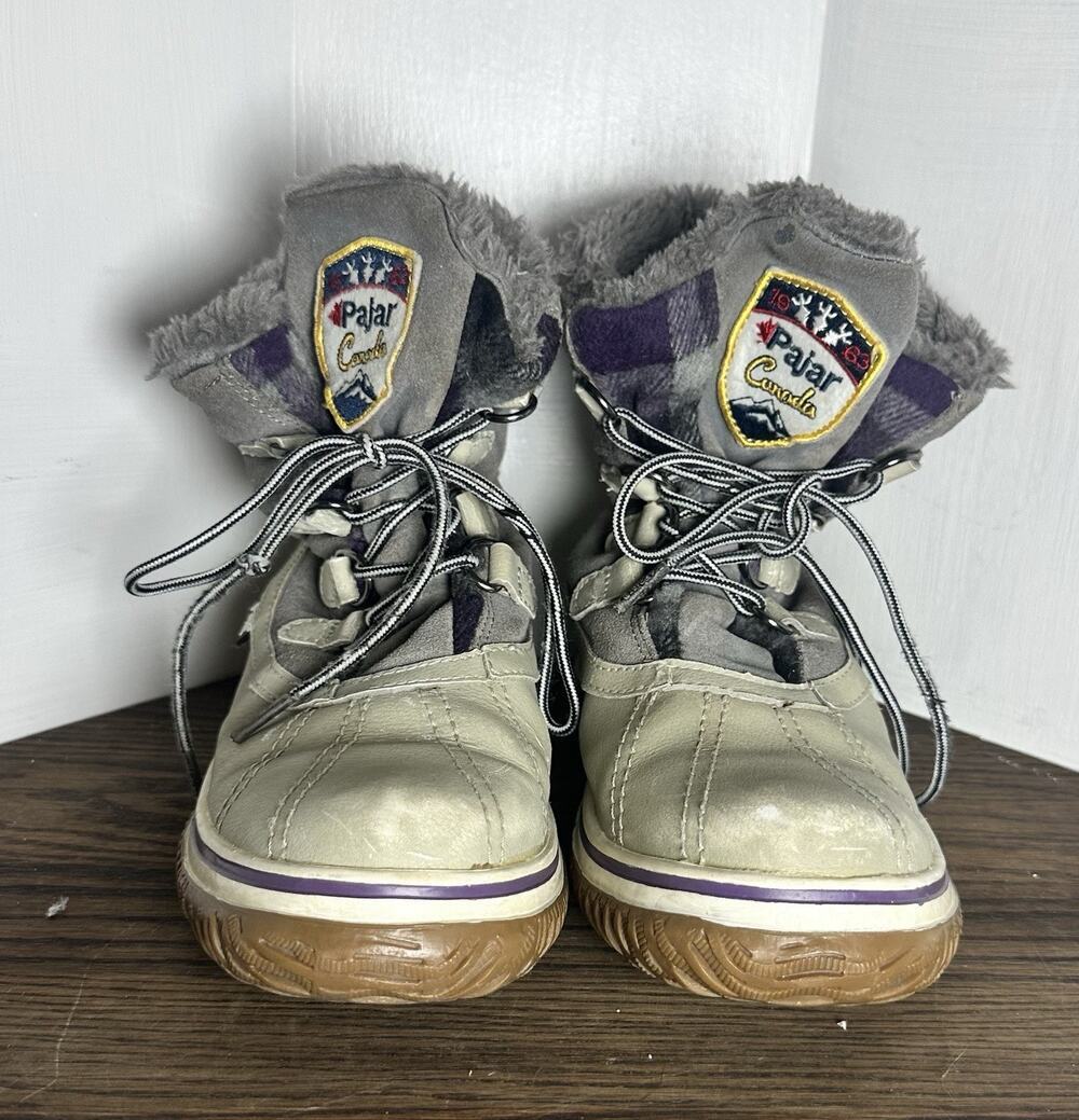 PAJAR Grey & Beige Suede Leather Fur Lace Up Ankle Snow Booties US 8-8.5 Euro 39